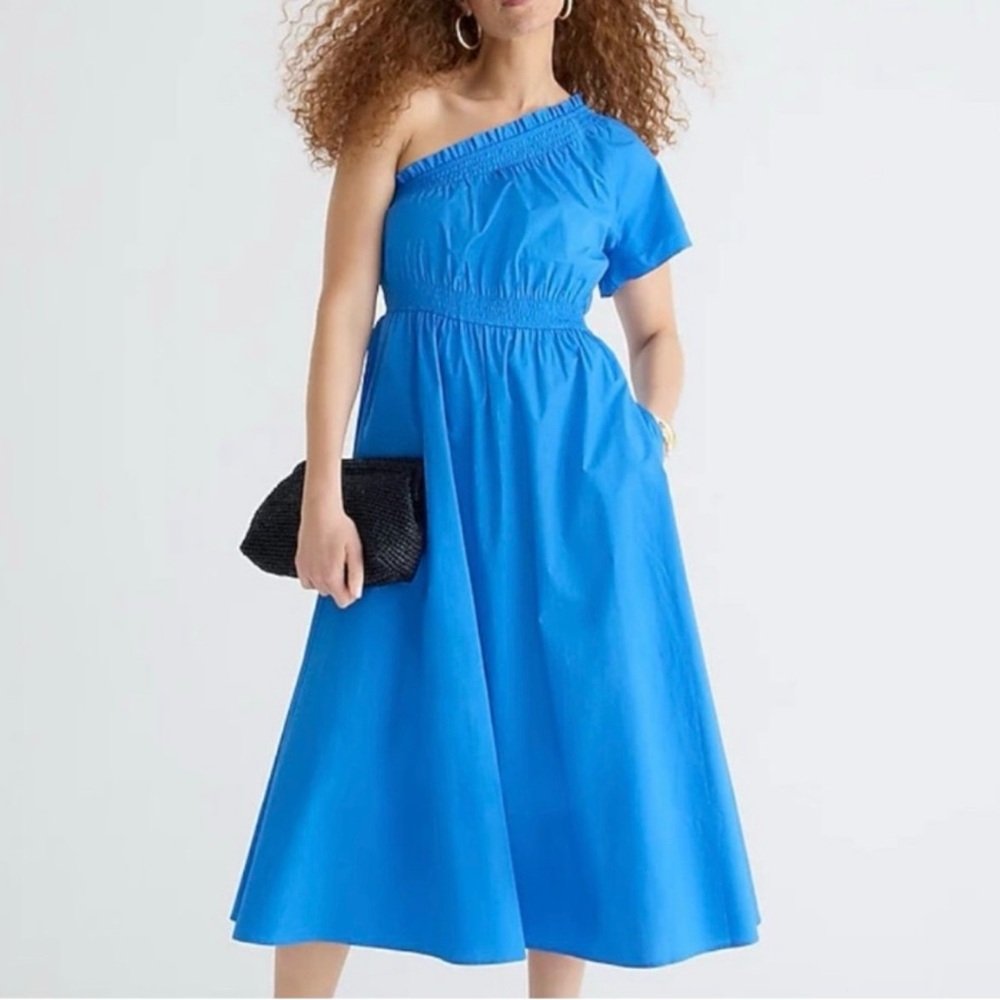 J. Crew Smocked One Shoulder Dress Sail Blue Cotton Poplin Midi size Large NWT